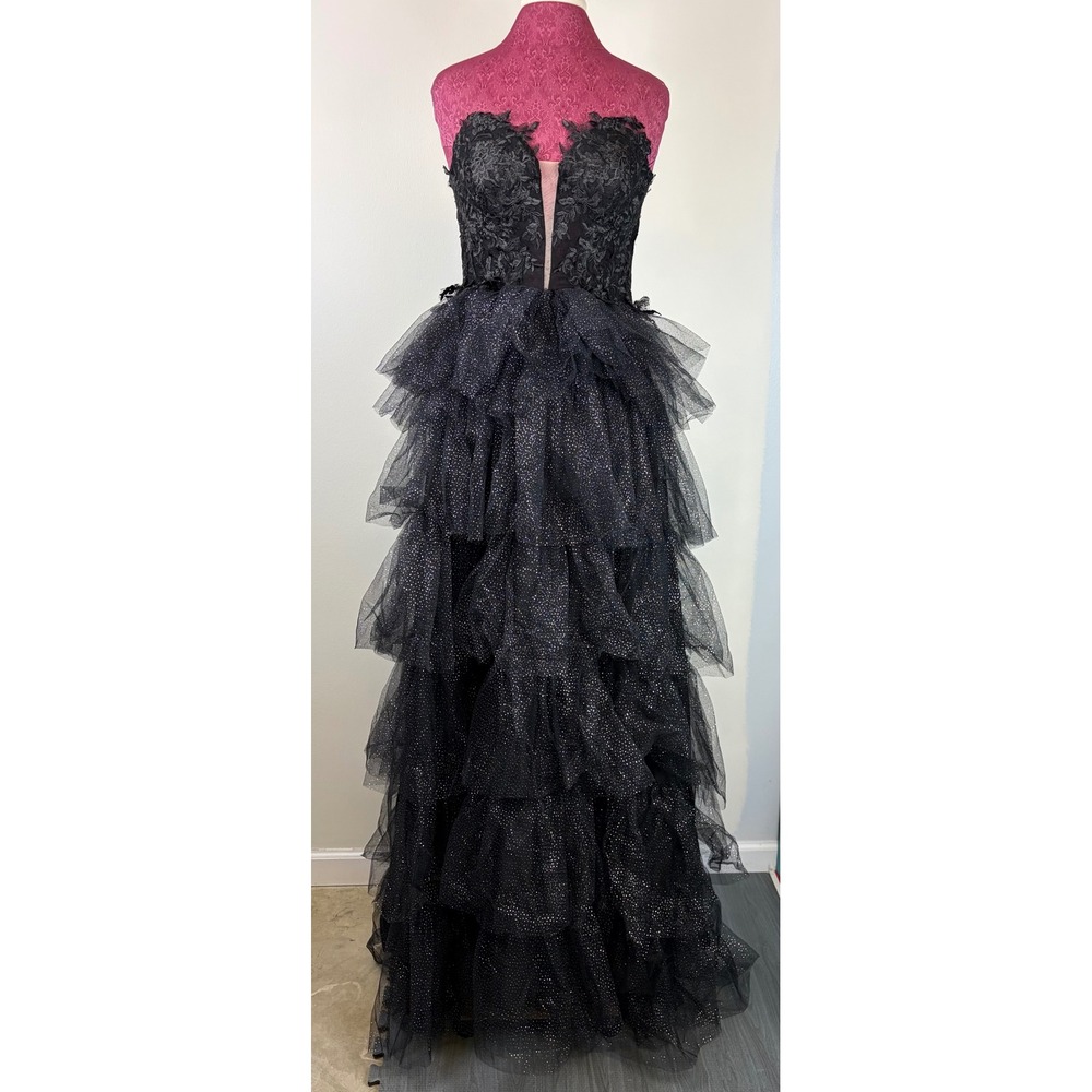 Whimsigoth Gown Large Black Glitter Tulle Tiered Floral Lace Formal Dress Hoco